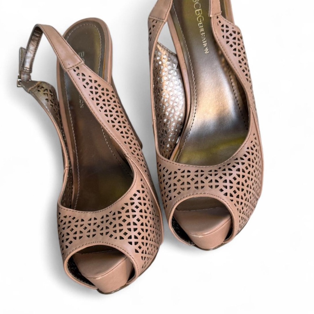 BCBGGeneration Tan Geometric Peep Toe Pumps
